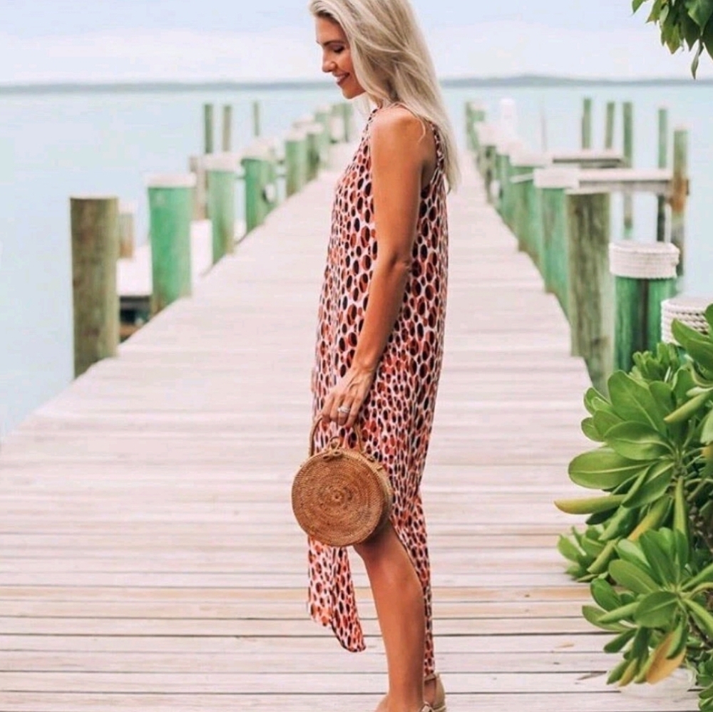 Marie Oliver 100% Silk Leapord Print Midi Dress Size Small Beachy Resort Summer